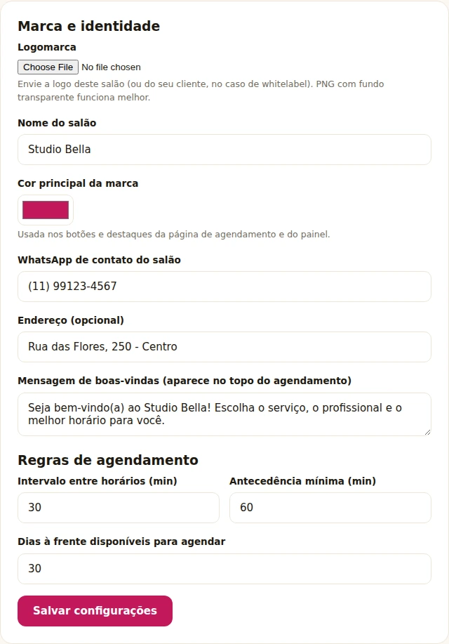 Tela de configuração de marca do VF Agenda, com logo, cor e mensagem personalizáveis