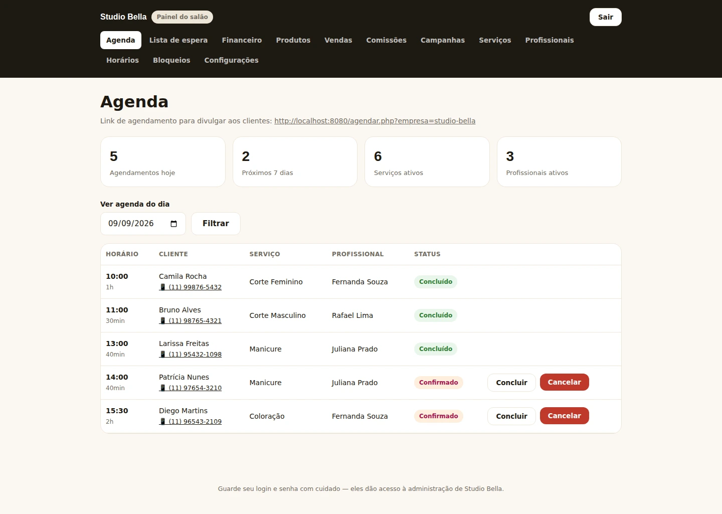 Painel do VF Agenda mostrando a agenda do dia, com horários, clientes e status de cada atendimento