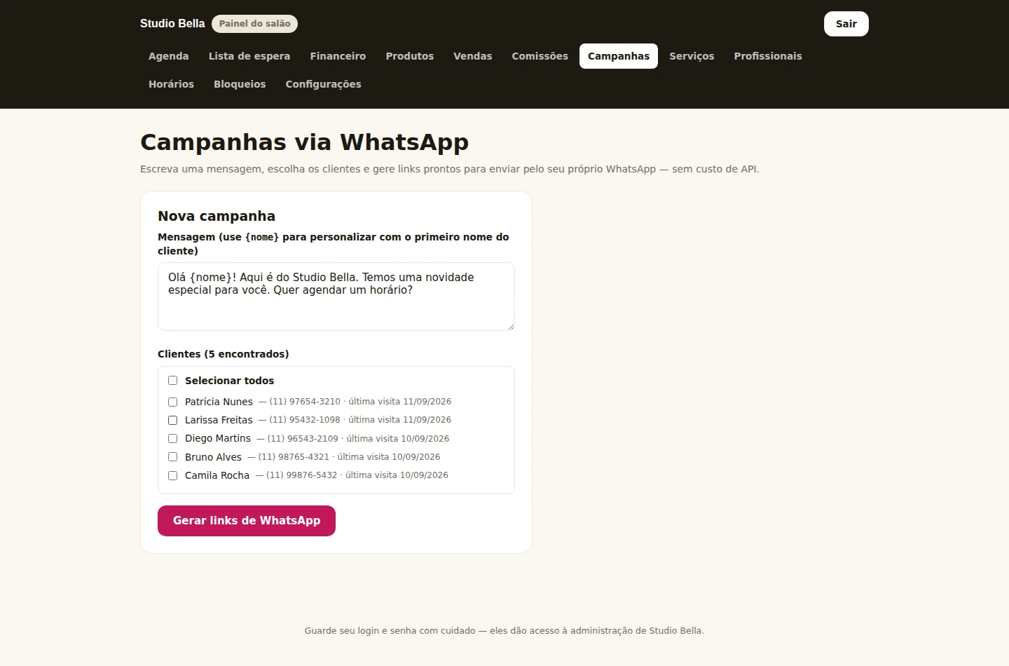 Painel de campanhas do VF Agenda para enviar promoções pelo WhatsApp