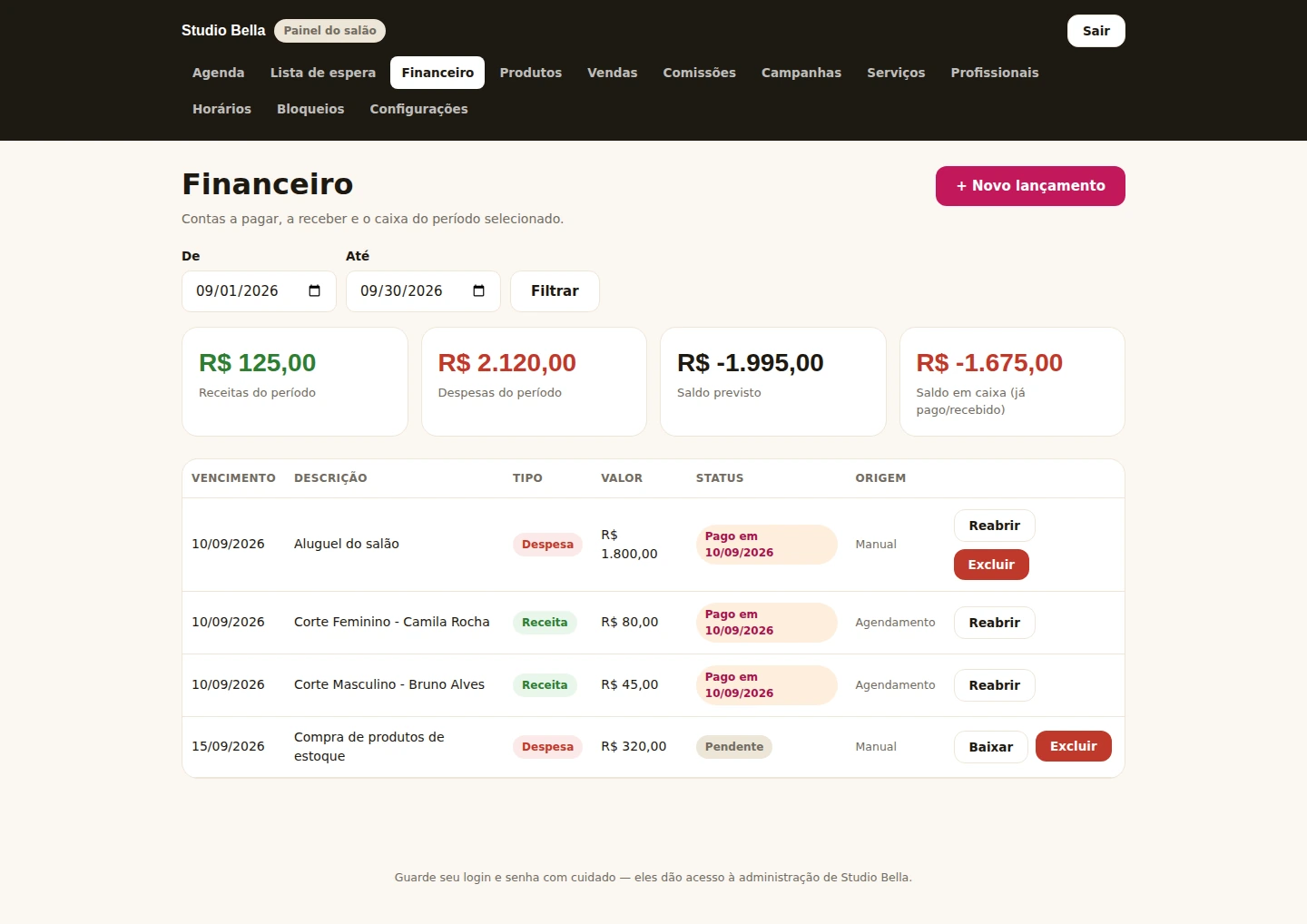 Painel financeiro do VF Agenda com contas a pagar e a receber