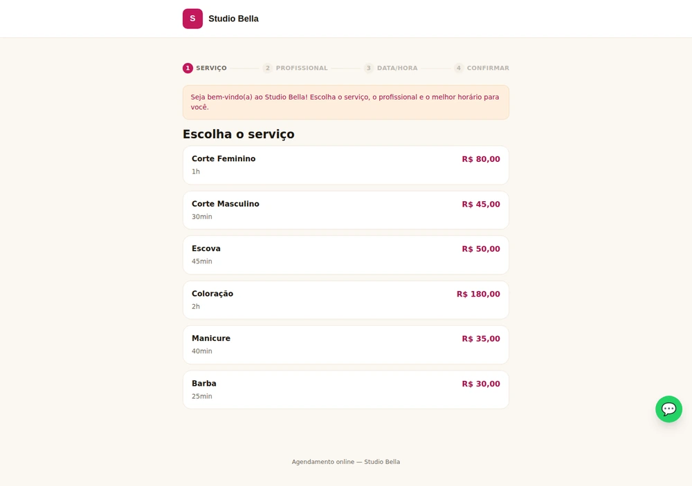 Tela do agendamento mostrando a lista de serviços do salão, com preço e duração