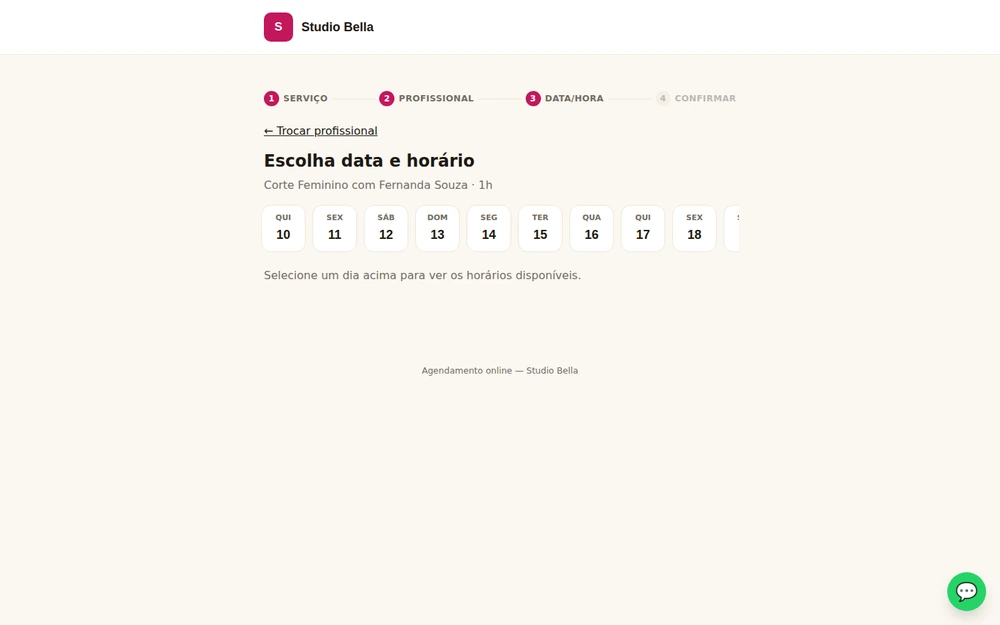 Tela mostrando os horários livres disponíveis para o cliente escolher